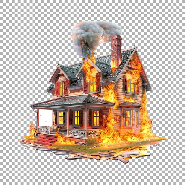 PSD burning house in fire on transparent background ai generated