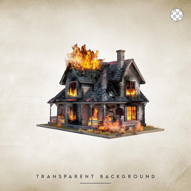 PSD burning house with flames and smoke isolated on transparent background