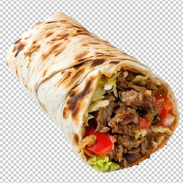 A burrito with meat and vegetables on a transparent background