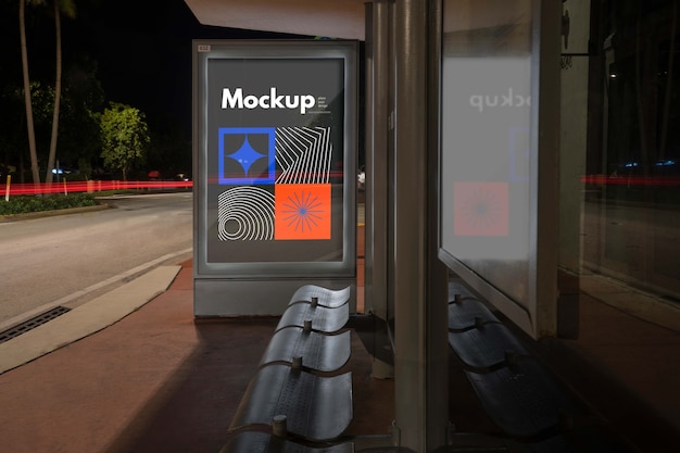 Bus stop mock-up at night in the city