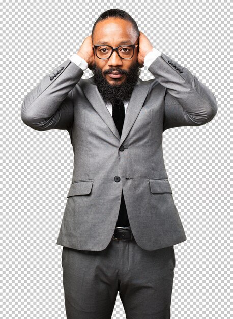 Business black man covering his ears