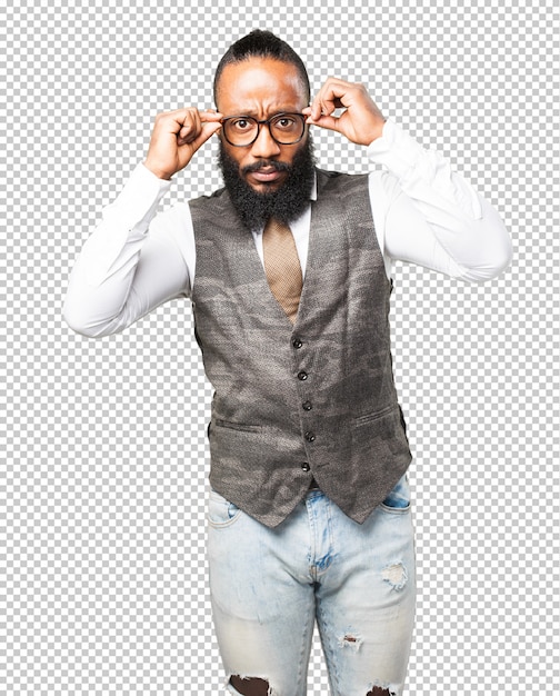 Business black man holding his glasses