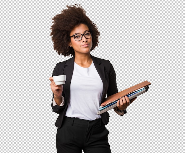 Business black woman holding a cup of coffe and files