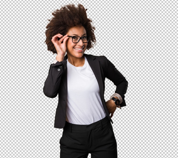 Business black woman putting on her glasses