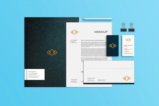 Business Card, Letterhead and Notebook Stationery Mockup