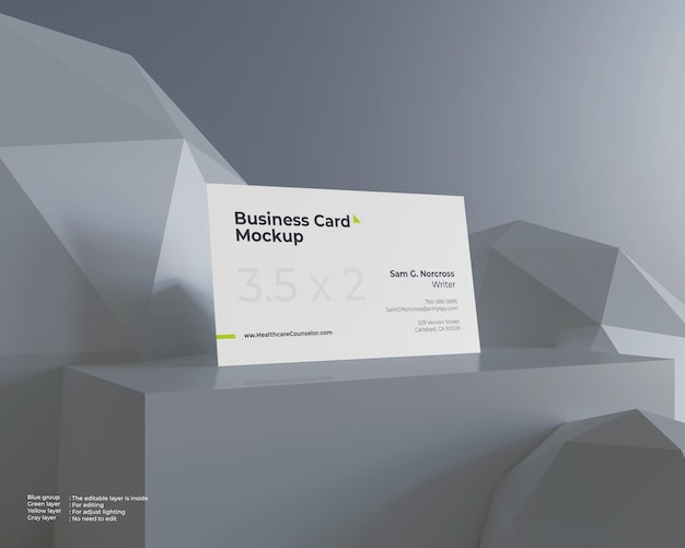 Business card mockup in block and sphere geometry surface