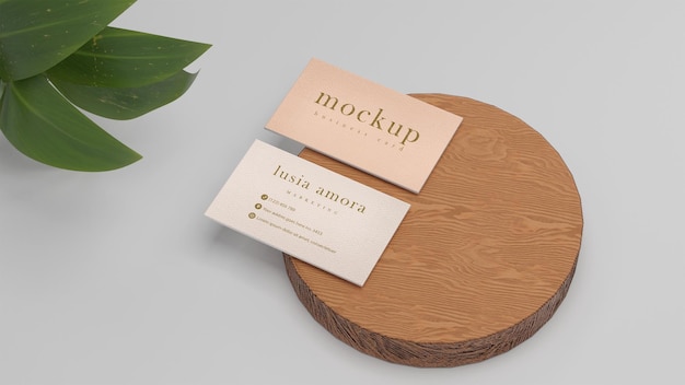 Business card mockup design template on wood shape texture