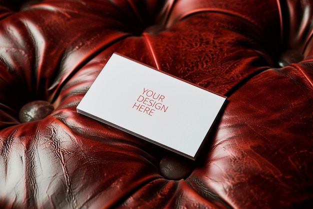 PSD business card mockup on luxurious red leather upholstery elegant textured backdrop