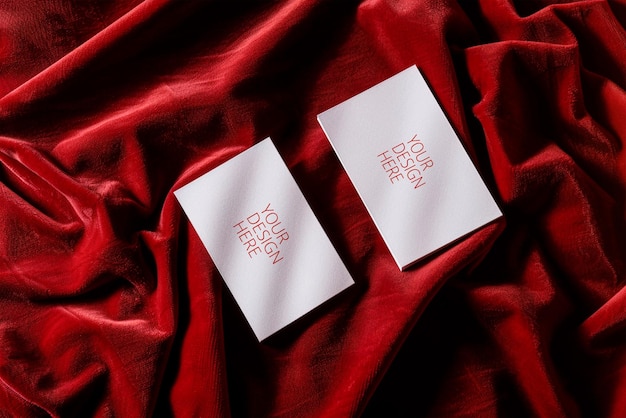 PSD business card mockup on luxurious red satin fabric elegant display