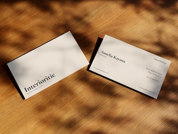 Business card mockup realistic wood textured and shadow