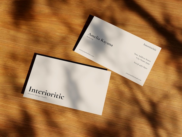 Business card mockup realistic wood textured and shadow