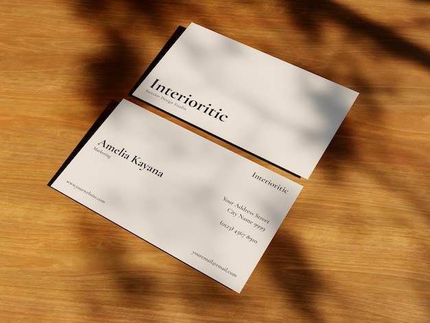 Business card mockup realistic wood textured and shadow