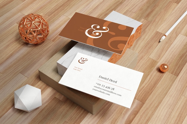 Business card mockup in white marble and wooden floor