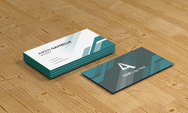 Business card mockup with front and back stacked on a wooden background