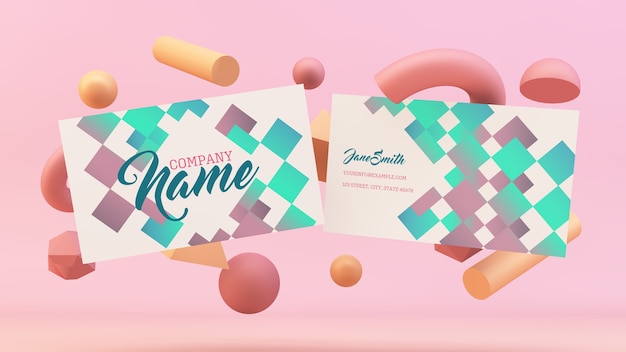 Business cards floating with 3d shapes mockup