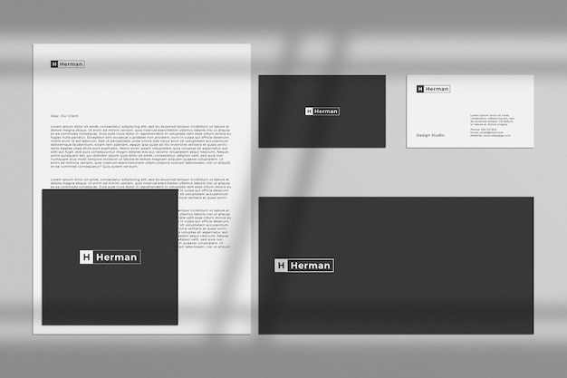 Business corporate stationery set mockup with texture background and window shadow