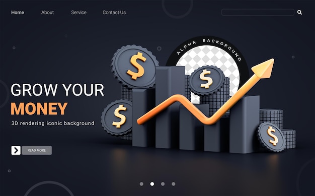 PSD business financial money growing chart on dark background for cover web template 3d render concept