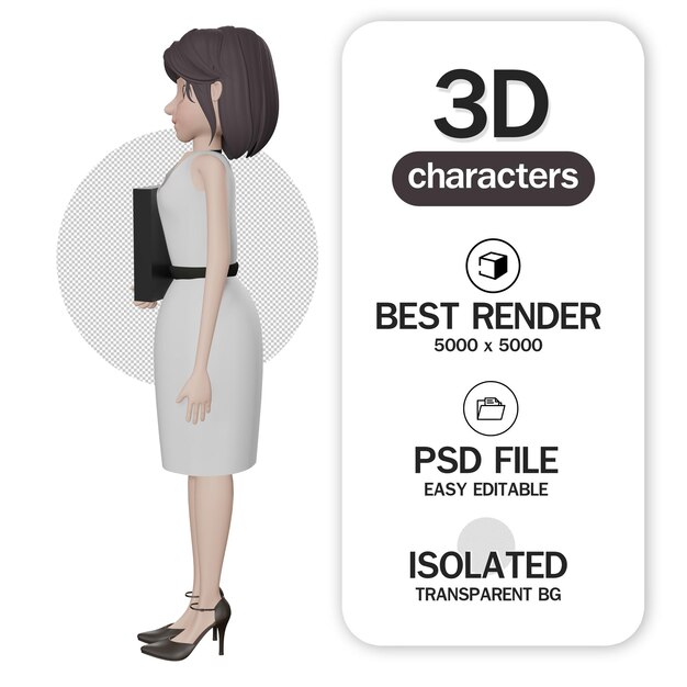 Business girl holding Business document file cartoon character 3D