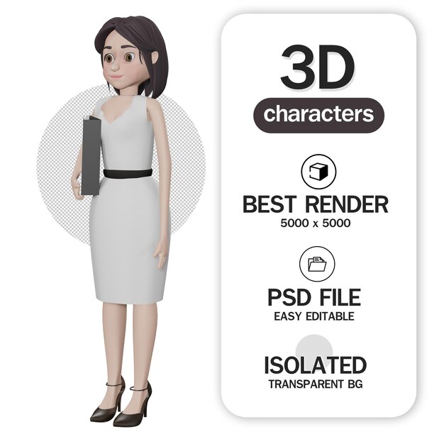 Business girl holding Business document file cartoon character 3D