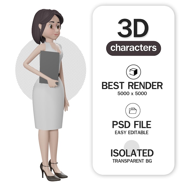 Business girl holding Business document file cartoon character 3D