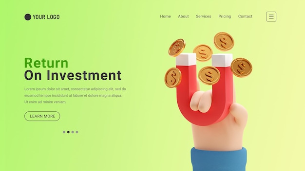 Business growth investment landing page website with 3d hand hold magnet attract dollar coins