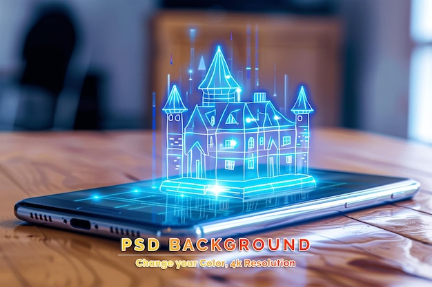 PSD business holding virtual infographic house on smartphone