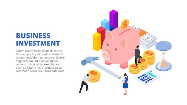 Business investment design concept with piggy bank coins and people Isometric illustration