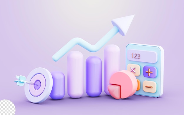 business line pie chart bullseye arrow and calculator sign 3d render concept for finance account