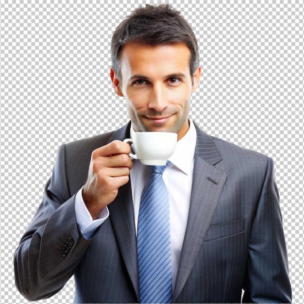 PSD business man drinking a cup of coffee on transparent background