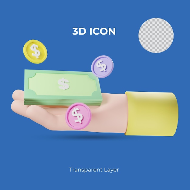 business man hand with USD dollar and money top of hand transparent 3d icon