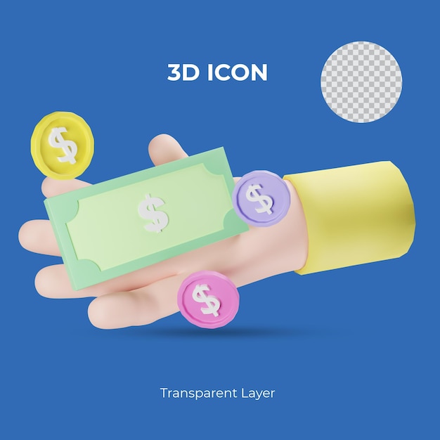 business man holding USD coin and money on hand 3d render transparent icon