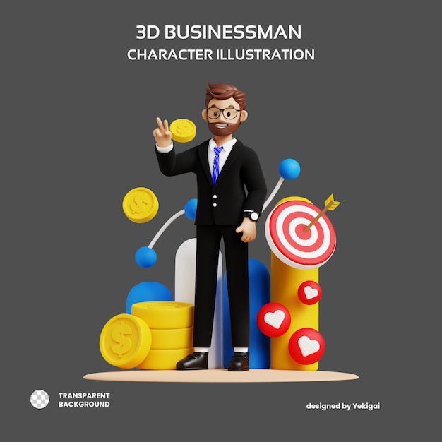 PSD business man success investment 3d character illustration for uiux web app infographic etc