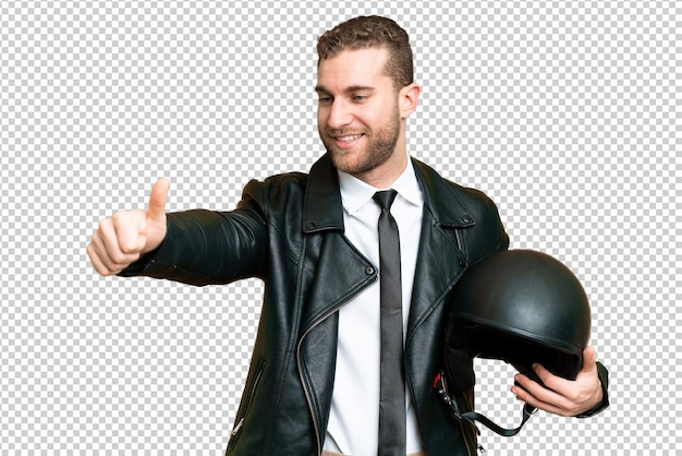 PSD business man with a motorcycle helmet over isolated chroma key background giving a thumbs up gesture