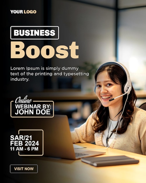 Business webinar poster template with happy woman wearing headset using laptop