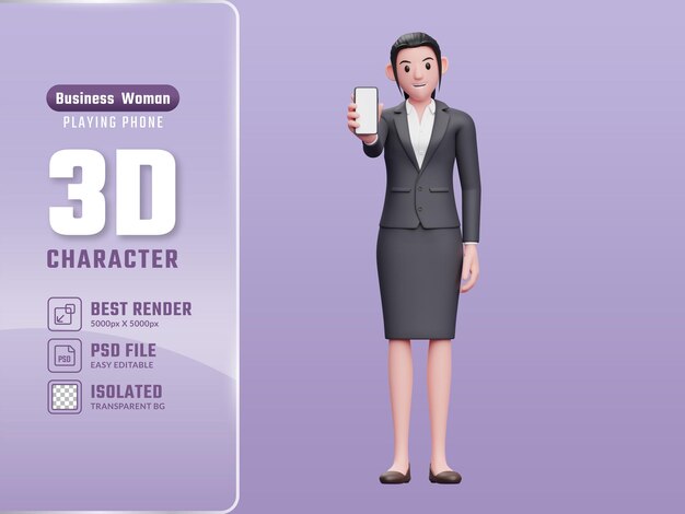 Business woman in formal suit showing phone screen 3d render character illustration