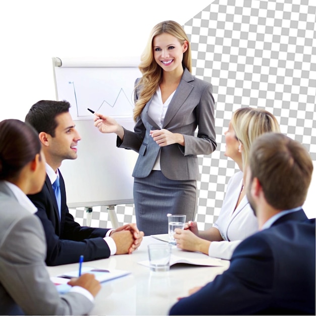 PSD business woman standing near a flipchart for the presentation of the new project