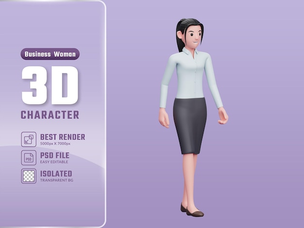 Business woman walking wearing long shirt and skirt 3D render business woman character illustration