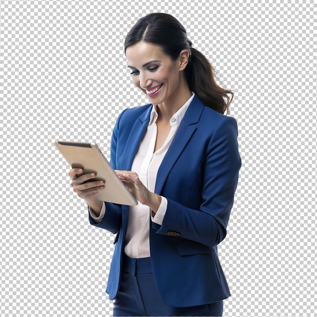 a business women holding a i pad on transparent background