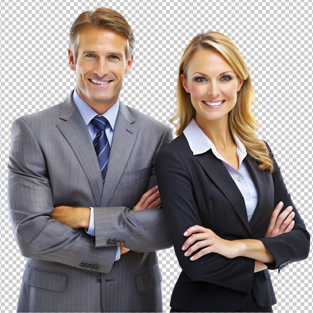 PSD businessman and a businesswoman pose on transparent background