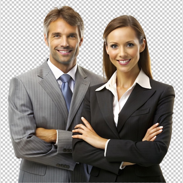 PSD businessman and a businesswoman pose on transparent background