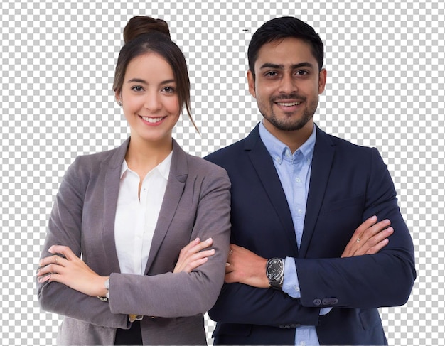 Businessman and businesswoman standing with arms crossed and smiling