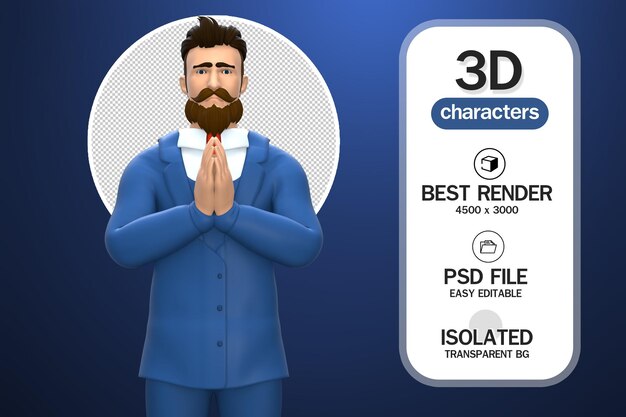 Businessman cartoon character apologize 3D rendering