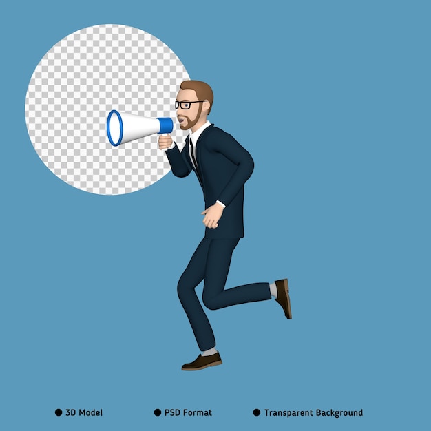 Businessman character holding megaphone illustration 3D image