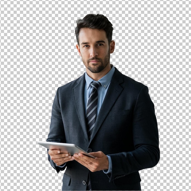 Businessman in a charcoal suit holding a tablet isolated on transparent background