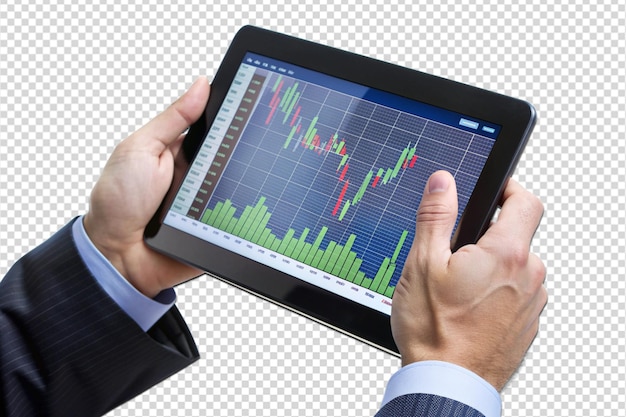 Businessman checking stock market data on tablet png