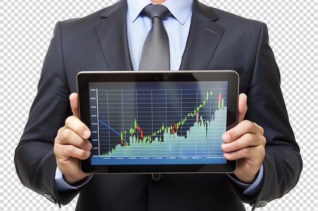 Businessman checking stock market data on tablet png