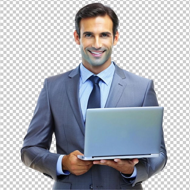 businessman hold laptop png on transparent background