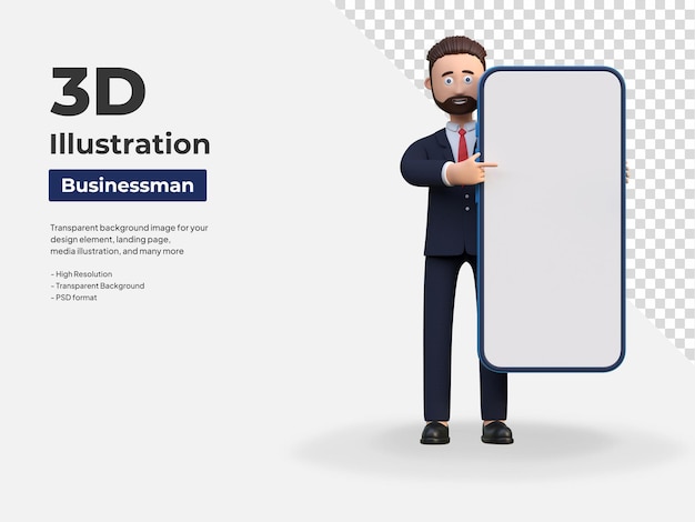 Businessman holding blank smartphone screen 3d character illustration