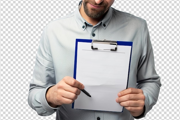 PSD businessman holding clipboard on white isolated background