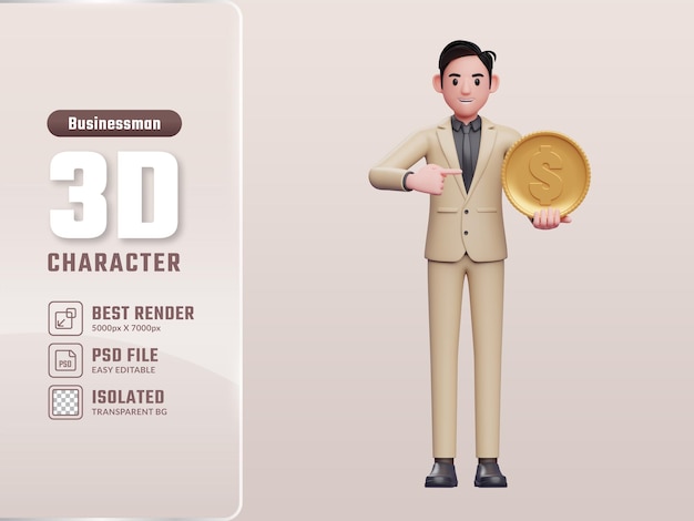 Businessman holding a coin and pointing it 3d businessman character illustration